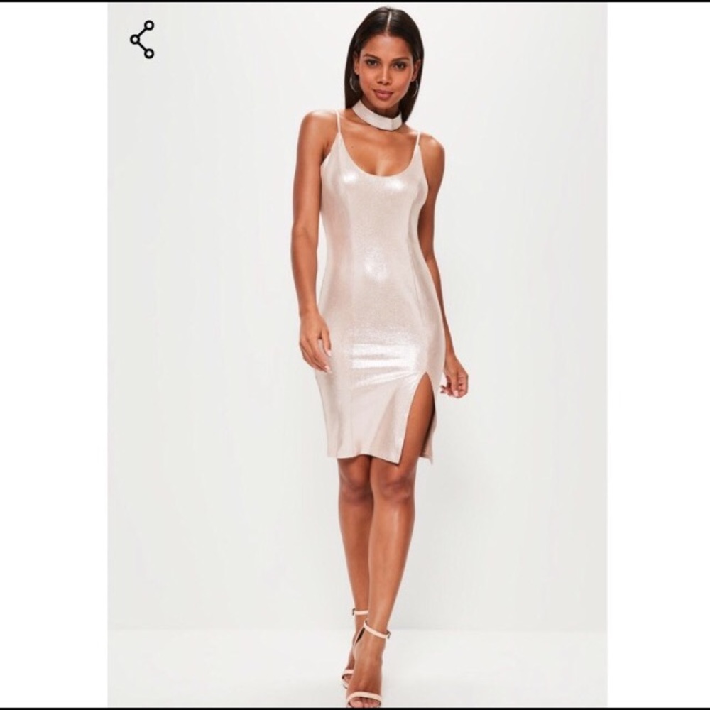 Nude Faux Suede Shimmer Dress w/ Chocker - Picture 2 of 3